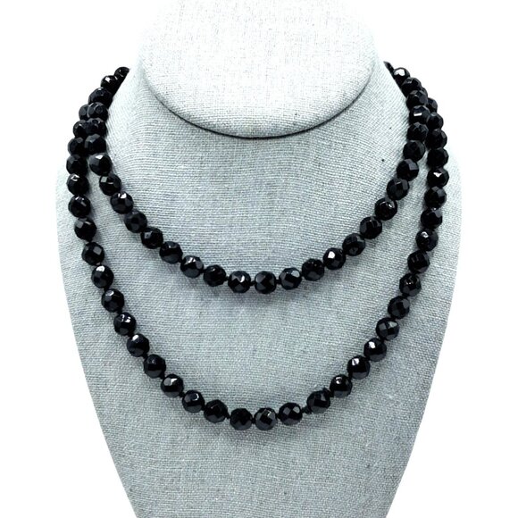 Vintage Black Glass Beaded Necklace Faceted Beads Single Continuous Strand Costu - Picture 1 of 8